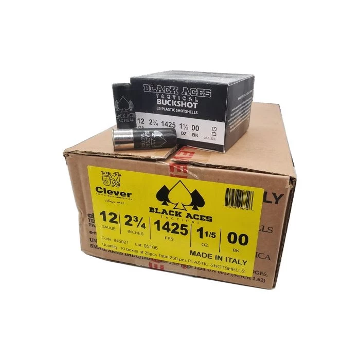 Black Aces Tactical 12ga Buckshot 2.75 inch Shotgun Shells - 9 pellets | 00 Buck | 1425 fps | Zinc coated steel casing | 1 Case (10 boxes/250rds)
